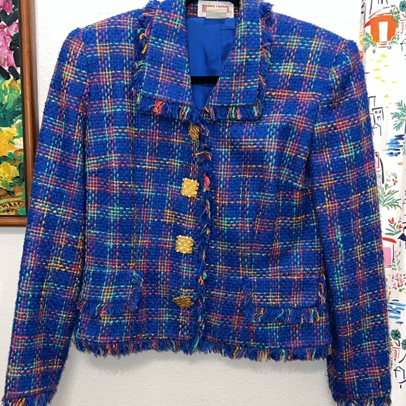 Vintage Maggy London Blue Plaid Tweed Blazer Jacket - Picture 5 of 11